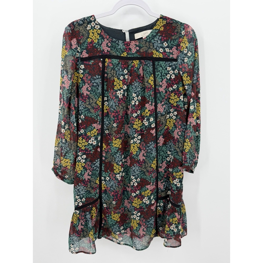 Ann Taylor Loft Dress Womens Small‎ Navy Red Shift Chiffon Floral Cottage